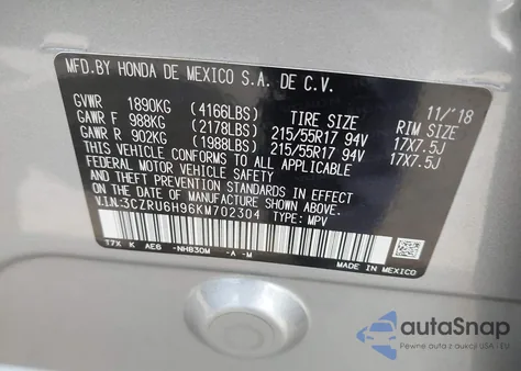 2019 Honda Hr-V Touring from USA, damaged, VIN 3CZRU6H96KM702304